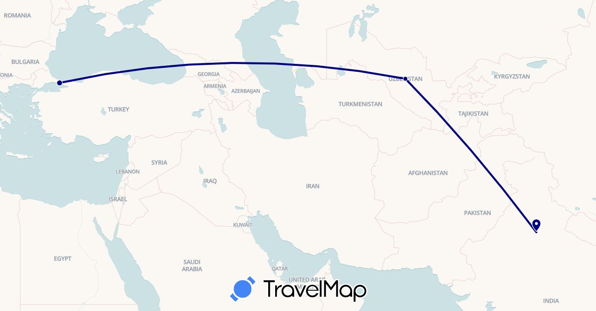 TravelMap itinerary: driving in India, Turkey, Uzbekistan (Asia)